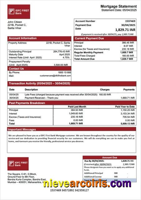 India IDFC First Bank mortgage statement Word and PDF template